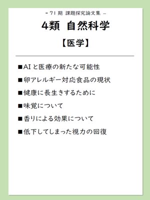 cover image of 課題探究論文集（71期）4類自然科学【医学】